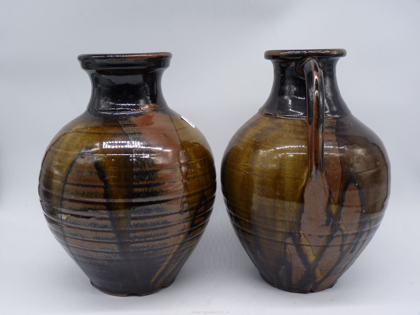 Two Studio Pottery vases, one with handles in black, russet and olive green drip glaze, - Image 5 of 15