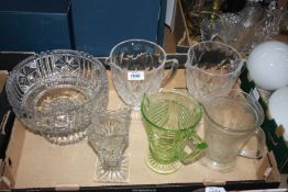 Two footed, diamond design Jugs, a heavy fruit bowl, etc.