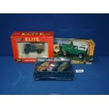 Three boxed Land Rover Defender models including; Elite Land Rover Series 1-50 years,
