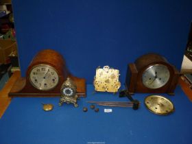 A box of clocks and parts including; Bravingtons Ltd, Hallera, Splendex, movements, clock face, etc.
