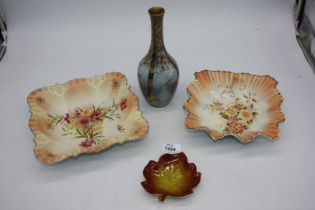 Two blush Carltonware dishes, a leaf shaped pin dish plus a Crown Devon 'Birch' vase.