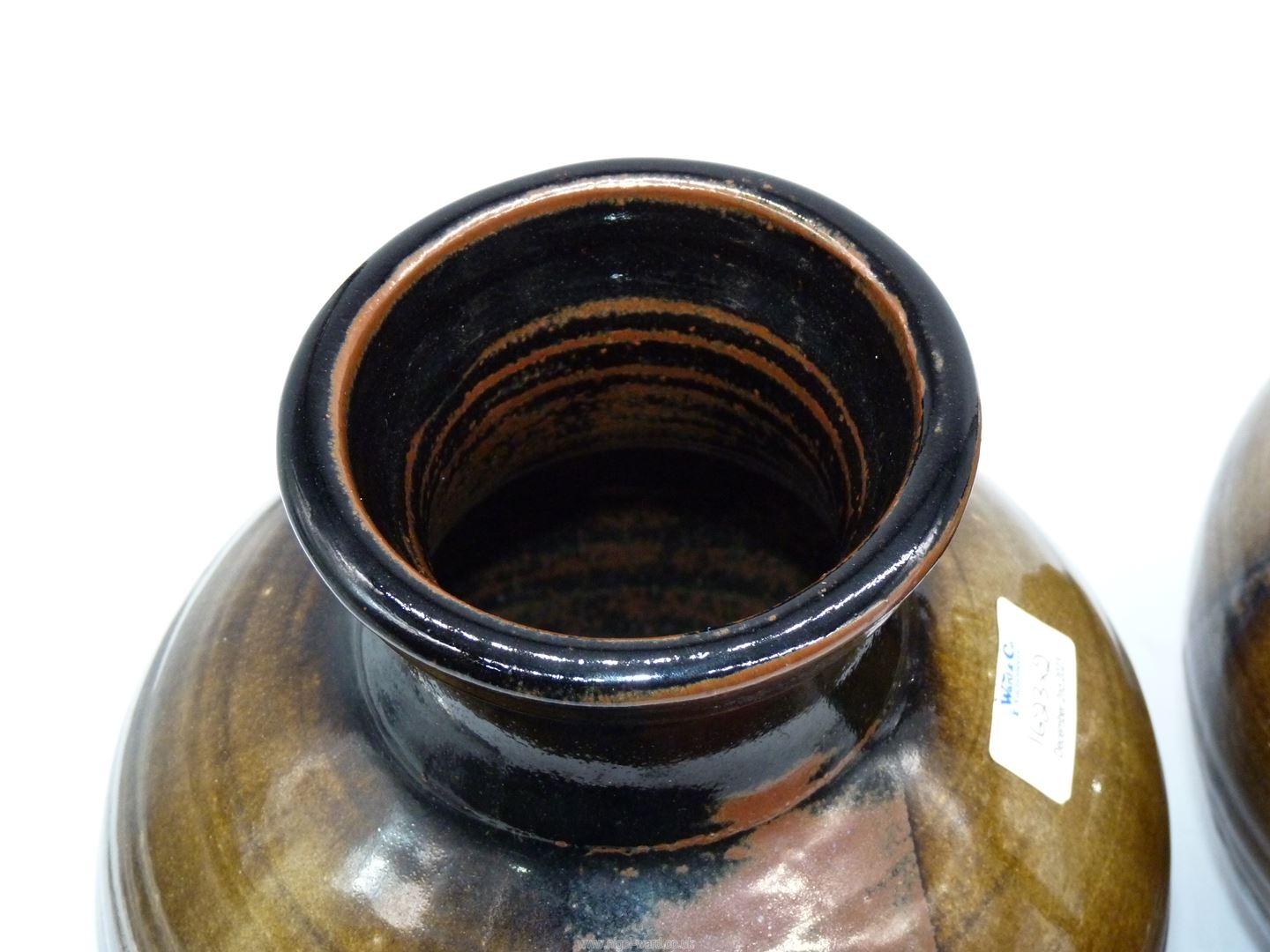 Two Studio Pottery vases, one with handles in black, russet and olive green drip glaze, - Image 6 of 15
