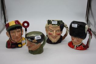Four Royal Doulton Toby character jugs to include; Bacchus, The Guardsman, Jockey and Monty.