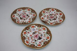 Three Spode plates in floral pattern having gilt edging (a/f) 8 1/2" diameter.