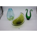 A green glass basket effect vase, blue vase and a green frosted shaped bowl.