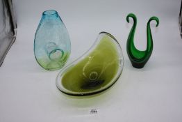 A green glass basket effect vase, blue vase and a green frosted shaped bowl.