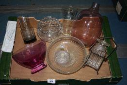 A quantity of glass including rose bowl, mauve footed bowl, preserve pot in EPNS stand, etc.