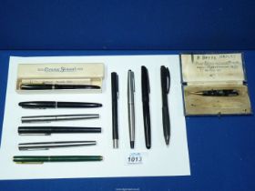 A quantity of fountain and other pens including Conway Stewart, Universal, Parker, etc.