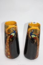 A pair of Art Nouveau peacock vases a/f.