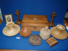 A quantity of treen including; writing slope, barley twist candlesticks, inlaid photograph frame,
