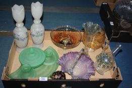 A quantity of glass to include; comport and coloured glass, Art Deco dressing table set,