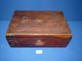 A Mahogany correspondence box with brass inlay and edges, a/f, 14 1/4" x 9 1/2" x 5".