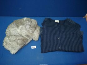 A fur rabbit hat and a navy blouse by 'Wrap, London', size 12.