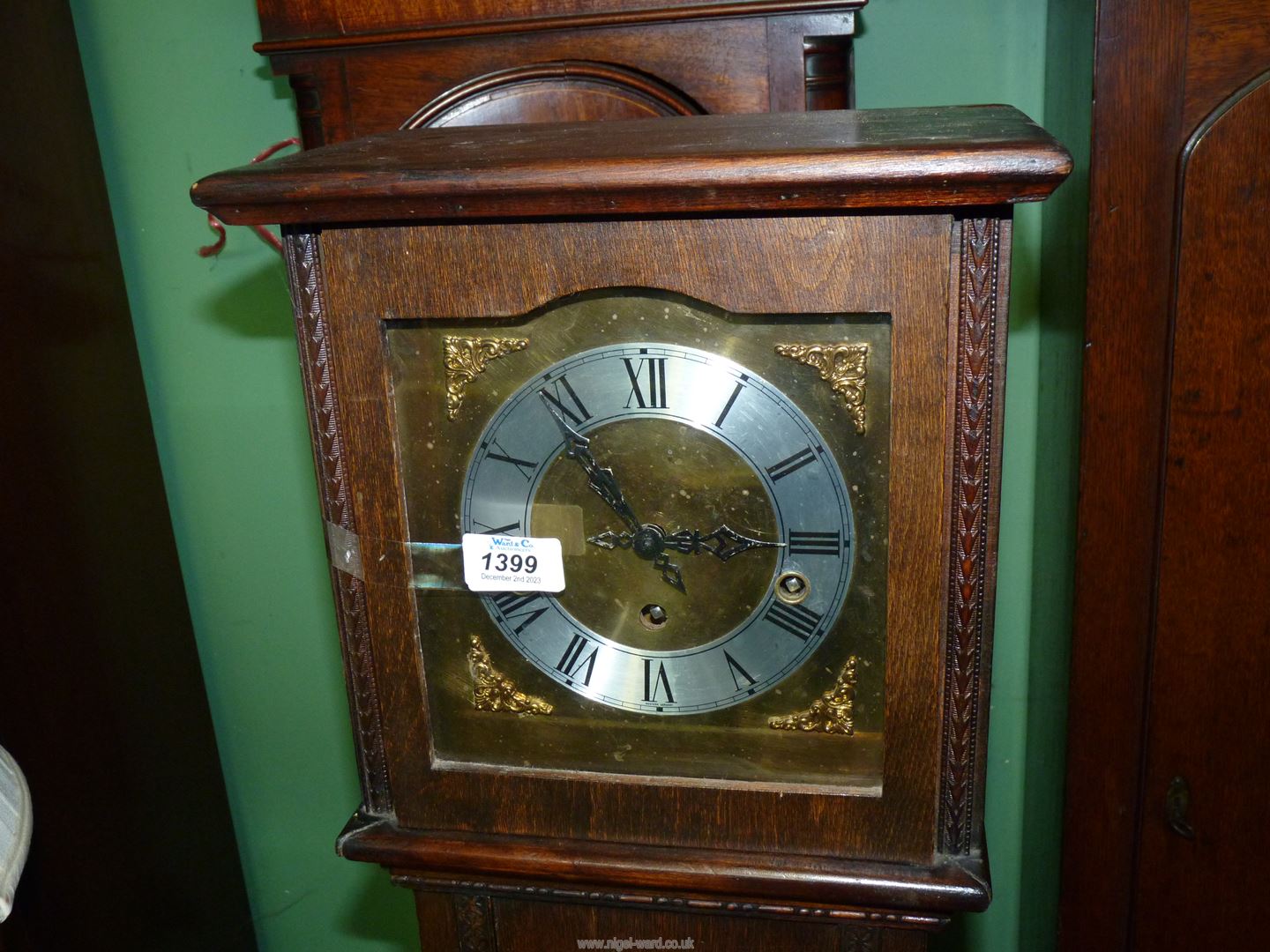 An Oak grandmother's Clock having a three train movement with Roman numerals, - Image 2 of 3