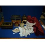 Three brass cased quartz Carriage Clocks, clockwork carriage clock, Roberts Radio, cash tins, etc.