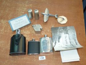 Three hip flasks, a Craftsman pewter three piece salt,