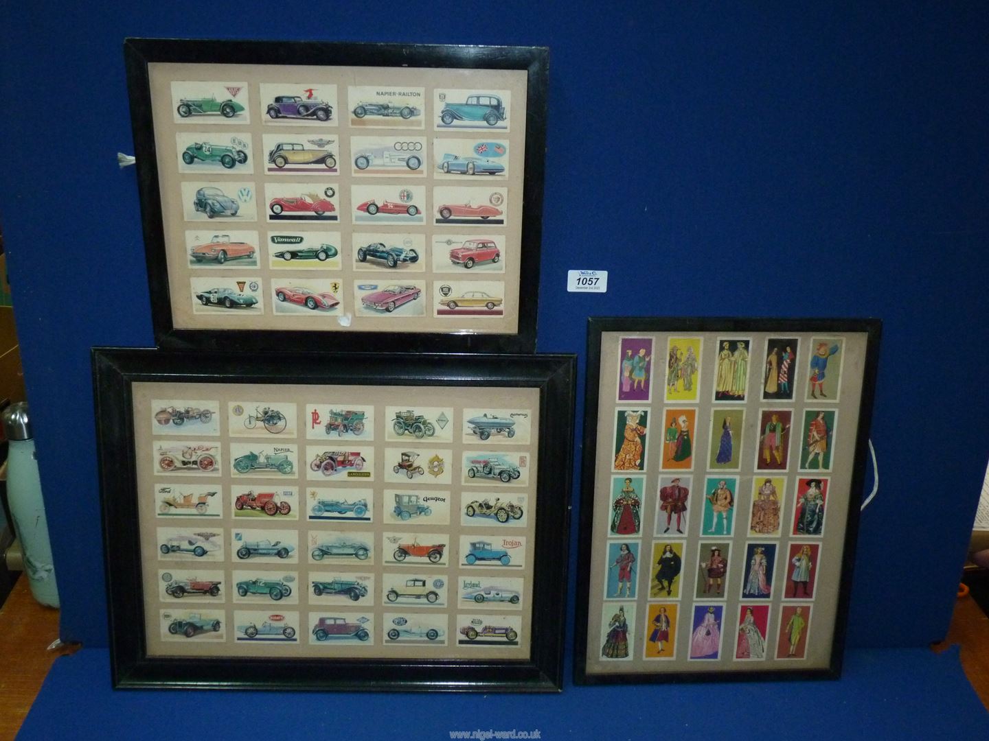 Three framed Cigarette card sets of racing cars, etc.