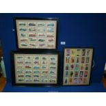 Three framed Cigarette card sets of racing cars, etc.