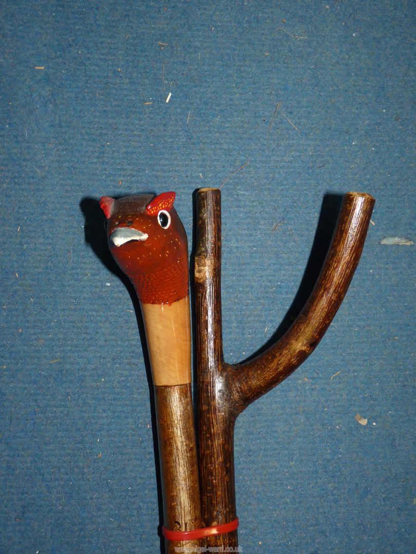 A carved hazel long shank Staff with red grouse knop along with a more traditional 'Y' top hazel - Image 3 of 3