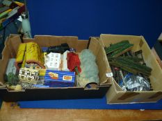 Two boxes of 'O' gauge and 'OO' gauge model Railway items; including track, etc.