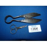 An early 19th century pair of shears and a tiny scissors.