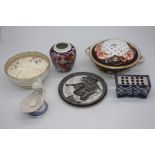 A box of miscellaneous china including pot pourri bowl, flower brick, Imari ginger jar, etc.