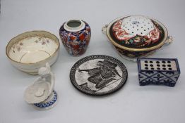 A box of miscellaneous china including pot pourri bowl, flower brick, Imari ginger jar, etc.