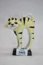 A Lorna Bailey cat 'Stretch', yellow with black stripes, 5 1/4" tall.
