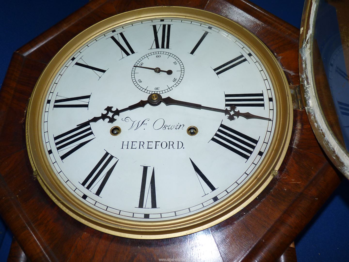 A William Oswin of Hereford, eight day trunk dial Wall Clock, 12" painted metal dial, with key, - Image 2 of 3