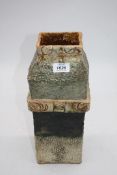 A square tall Studio Pottery vase with bands of black,