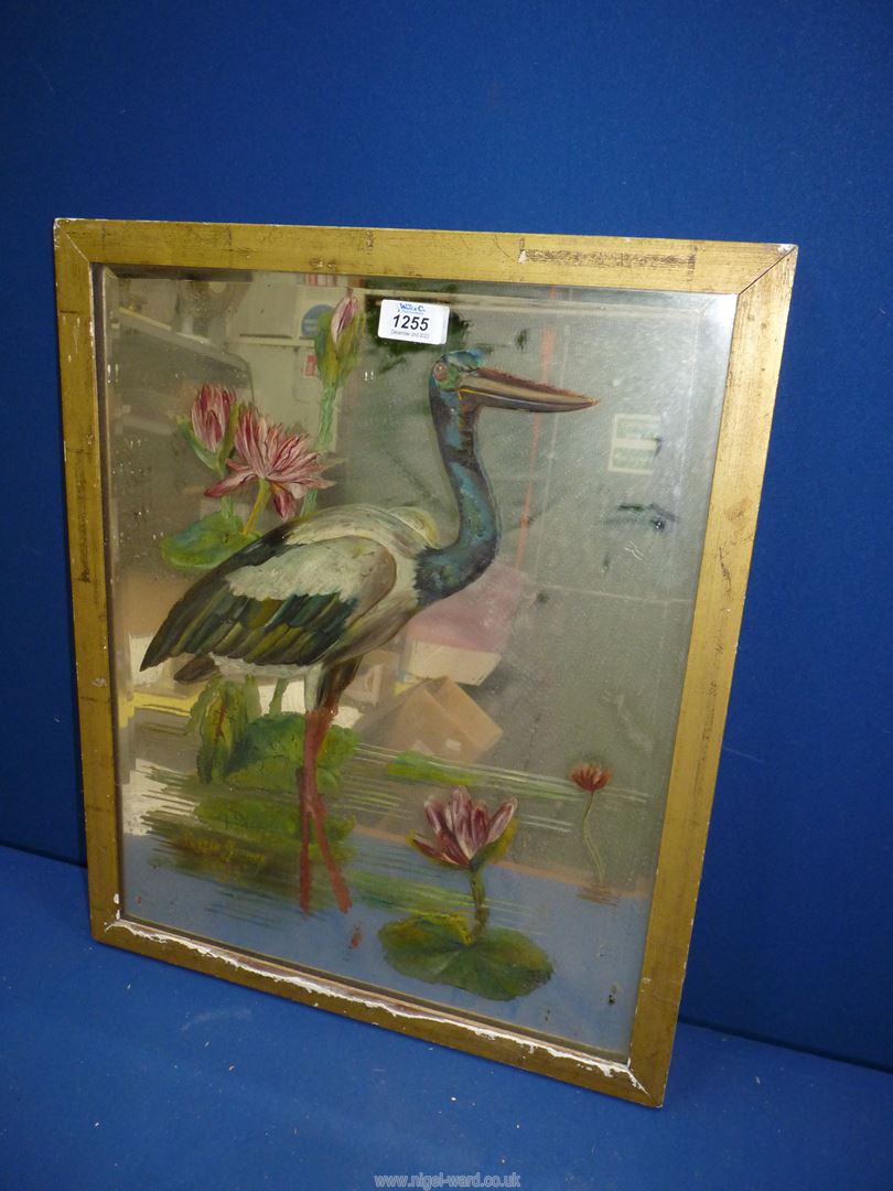 A gilt framed Mirror with a hand painted design of a crane standing in a lake with lily pads, - Image 2 of 3