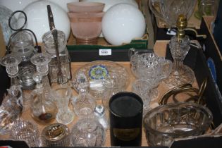 A quantity of glass to include; preserve jars in Epns stands, glass lamp, cat, vinegar/oil bottles,