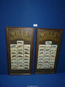 A pair of framed Wills Cigarette card sets of vintage cars, 22 1/2" x 11 1/2".