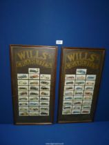 A pair of framed Wills Cigarette card sets of vintage cars, 22 1/2" x 11 1/2".