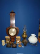 An inlaid banjo barometer (no thermometer), brass oil lamp, pair of wooden bird ashtrays,