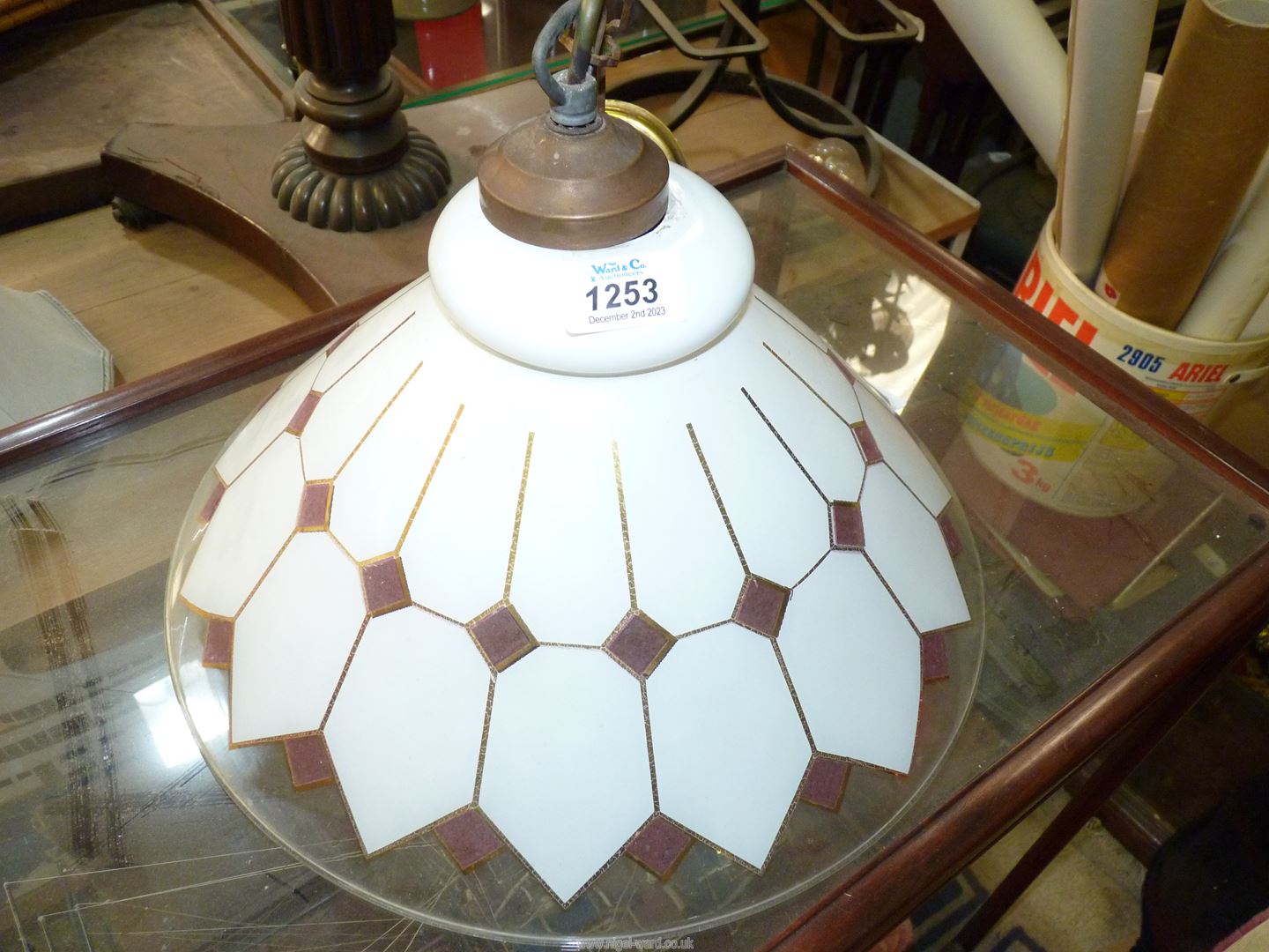 A conical glass lamp shade in geometric design, white, mauve and gilt. - Image 2 of 2