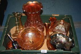 A box of Carnival glass including vases, candlesticks, comports, beaker, etc.