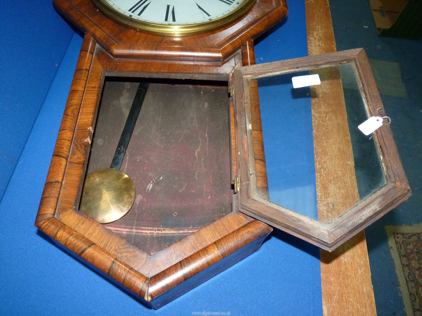 A William Oswin of Hereford, eight day trunk dial Wall Clock, 12" painted metal dial, with key, - Image 3 of 3