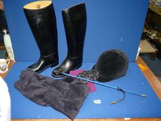A blue riding whip (as new) and a pair of ladies Aigle knee high black Riding Boots, made in France,