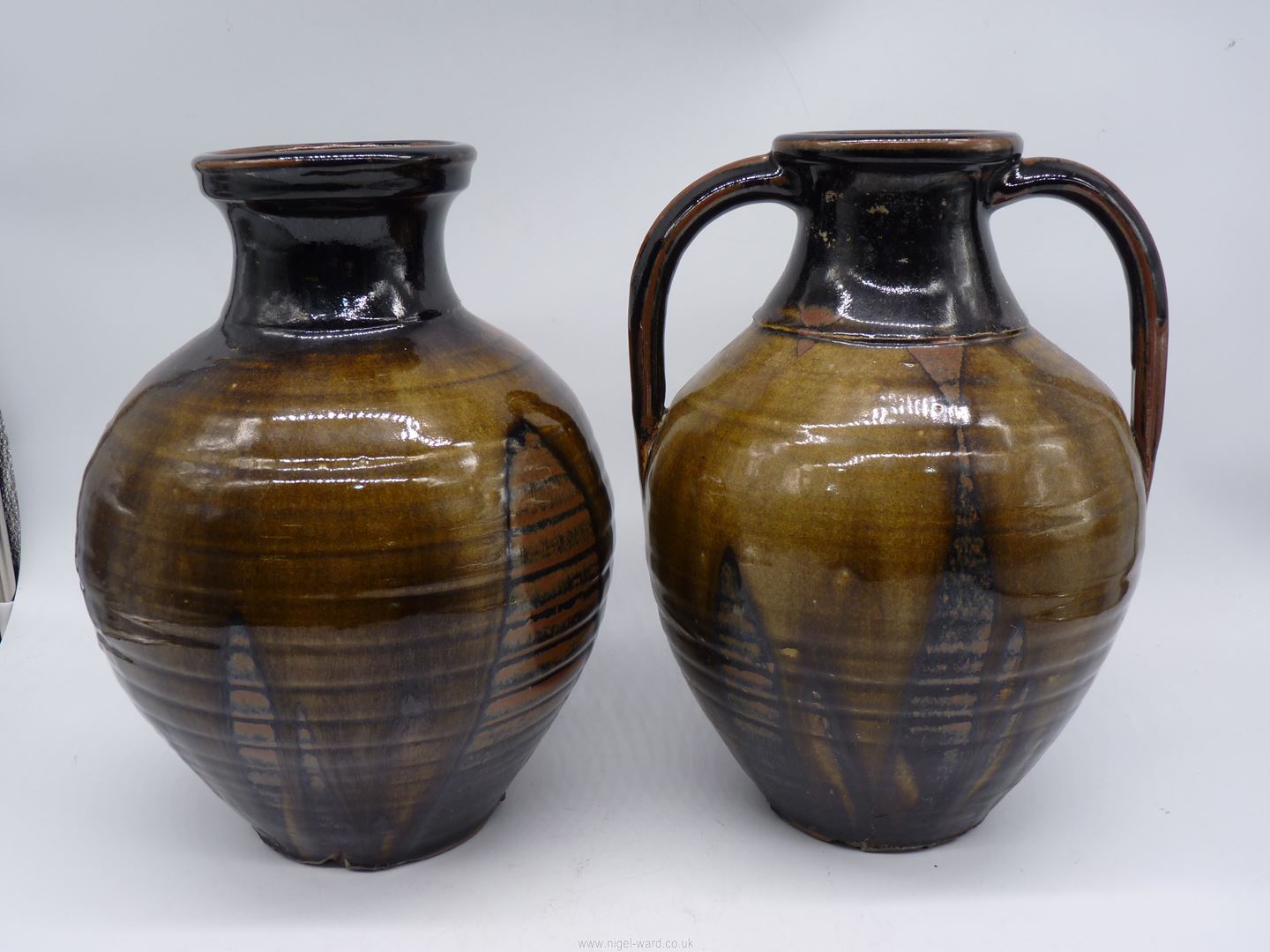 Two Studio Pottery vases, one with handles in black, russet and olive green drip glaze, - Image 4 of 15