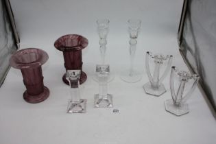 Three pairs of glass candlesticks including Villeroy & Bosch,