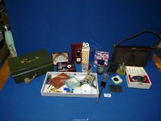 A quantity of miscellanea including cash tin, vintage 'Waldy' handbag, perfume,