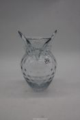 A thick owl shaped clear glass vase with relief diamond pattern surround and polished pontil,