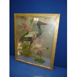 A gilt framed Mirror with a hand painted design of a crane standing in a lake with lily pads,