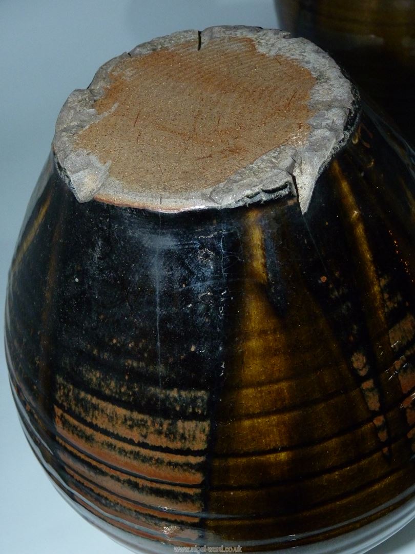 Two Studio Pottery vases, one with handles in black, russet and olive green drip glaze, - Image 11 of 15