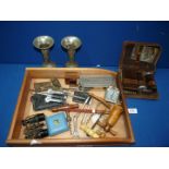 A tray of miscellanea including corkscrews and bottle openers, gentlemen's travelling set,