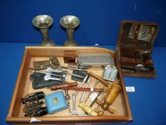 A tray of miscellanea including corkscrews and bottle openers, gentlemen's travelling set,