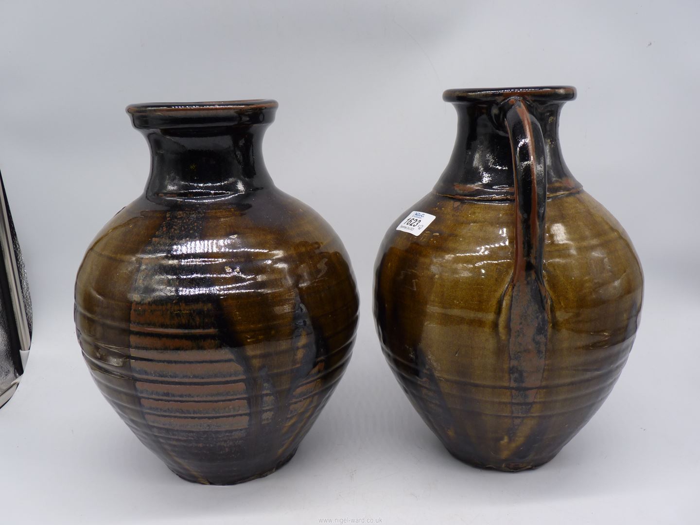 Two Studio Pottery vases, one with handles in black, russet and olive green drip glaze, - Image 3 of 15