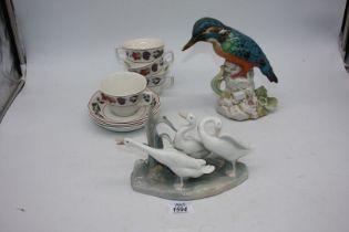 A Lladro model of Geese and Kingfisher figure (beak a/f.