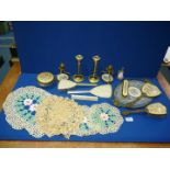 A quantity of miscellanea to include part dressing table sets, crotchet doilies,